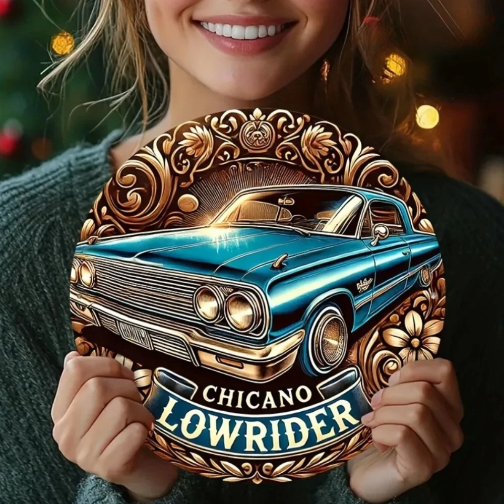 Vintage Metallplatte, Chicano Lowrider Auto-Wandkunst – klassisches blaues 2D-Metallschild, Outdoor-Dekor, Raumdekoration