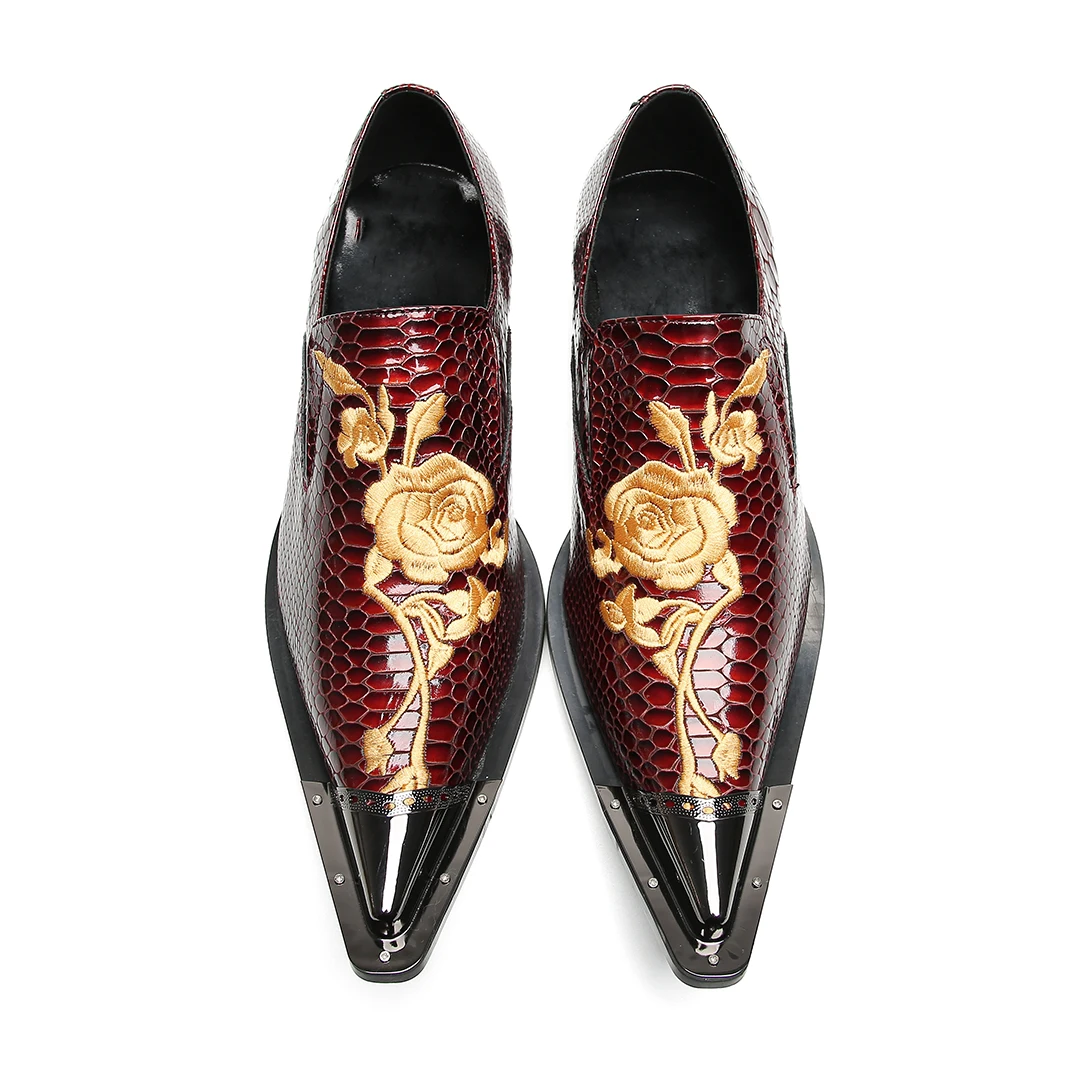 Schwarze Herren-Kleiderschuhe aus Leder mit goldener Blumenstickerei | Schlange – Hautstruktur und spitzes Zehen-Design – Detail 15