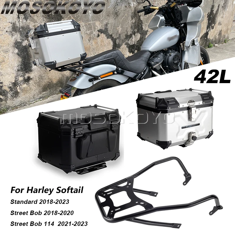 

For Harley Softail 2018-23 Standard Street Bob FXBB FXST Motorcycle Panniers Top Case Box Aluminum Trunk + Luggage Rack Support