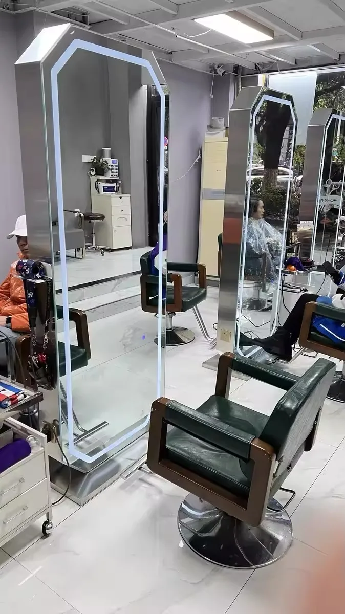 Espelho de penteado com moldura de metal dourado, dupla face, luxo, comprimento total, chão, barbearia