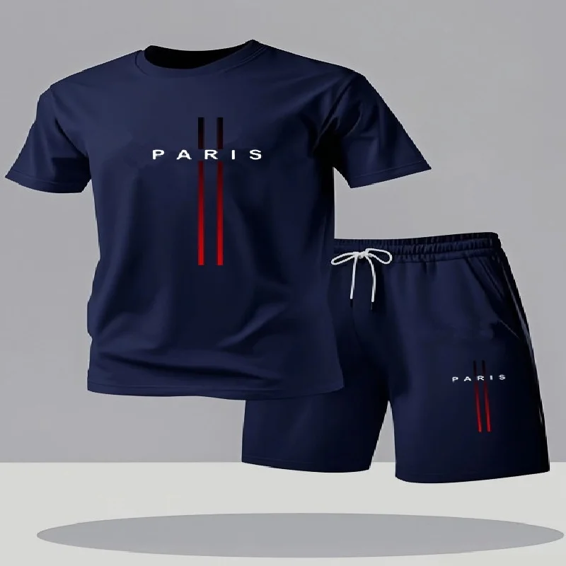 

New men's summer set two-piece casual T-shirt and shorts, hollowed out cut breathable and fashionable sportswear running fitness