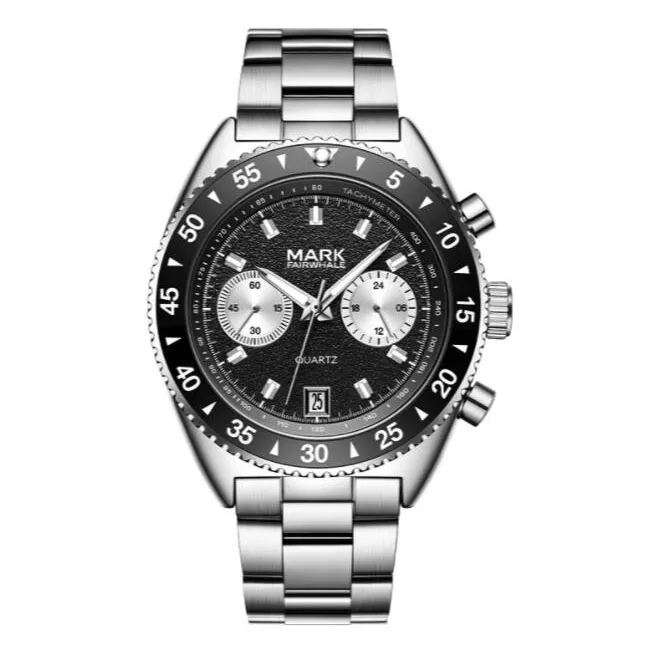 Mark Fairwhale Men Watch 42MM Sport Quartz Wristwatch Luminous Panda Chronograph Dials Steel Strap