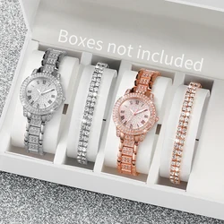 4PCS/Set Women's Steel Band Watches Fashion Full Diamond Roma Dial Quartz Watch Bracelets Set（Without Box）