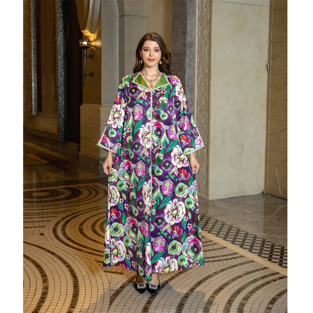 

Fashion Muslim Women Clothing Spring Autumn Rhinestone Turn Down Collar Floral Print Moroccan Jalabiya Dubai Caftan Abaya Dress