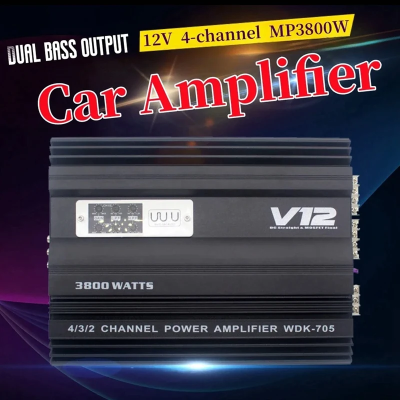 12V 3800W Car Audio Amplifier High Power Amplifier High Power Dual Bass Output Cart 4 Channel Audio Speaker