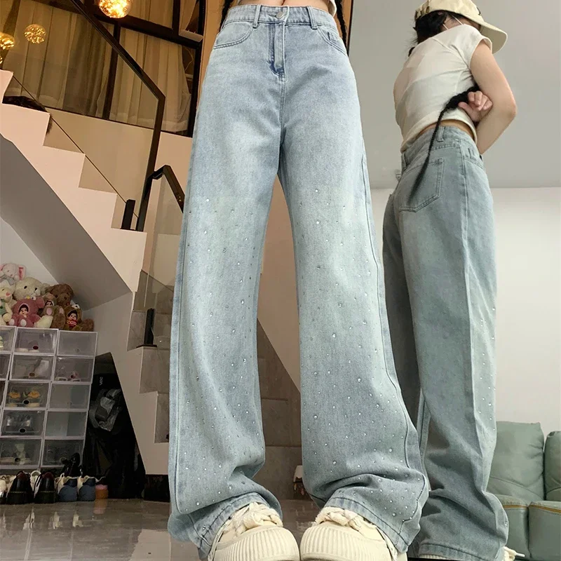 Women Designer Straight Leg Denim Pants Lady Bling Sequins Loose Comfortable Wide Leg Jeans Girls y2k 2000s Light Blue Trousers