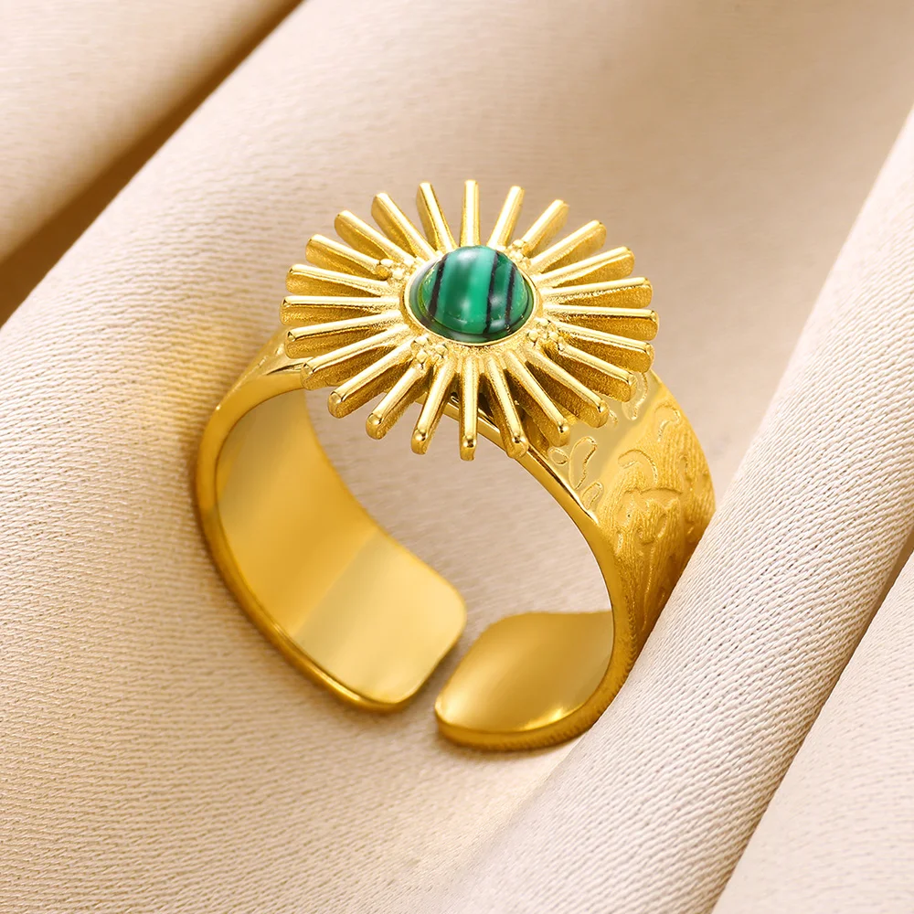 

Vintage Natural Stone Sun Open Rings For Women Oval Stainless Steel Wide Surface Ring 18 K Gold Color Jewelry Greece Style