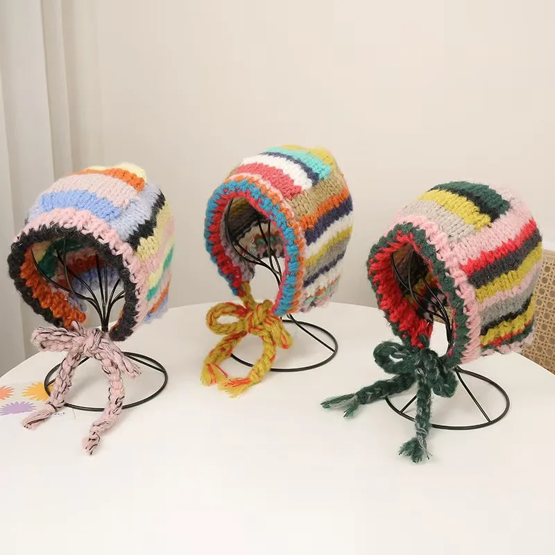 

Цветная полосатая защита для ушей, шапка-балаклава, зимняя вязанная вручную контрастного цвета, пуловер с галстуком на шею, шапка-боб для женщин