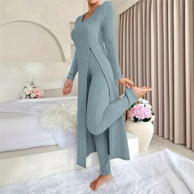 

Fashion Knitted Pant Sets Autumn Winter Long Slit Top+ Slim-fit Long Pant 2 Pieces Set For Woman Home Wear Two Piece Outfits