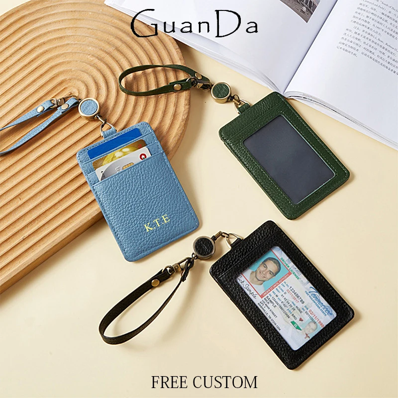 Genuine Leather Personalized Card Wallet Extensible Business Office Commuting Work Card Holder With Wrist Strap Luxury Card Bag