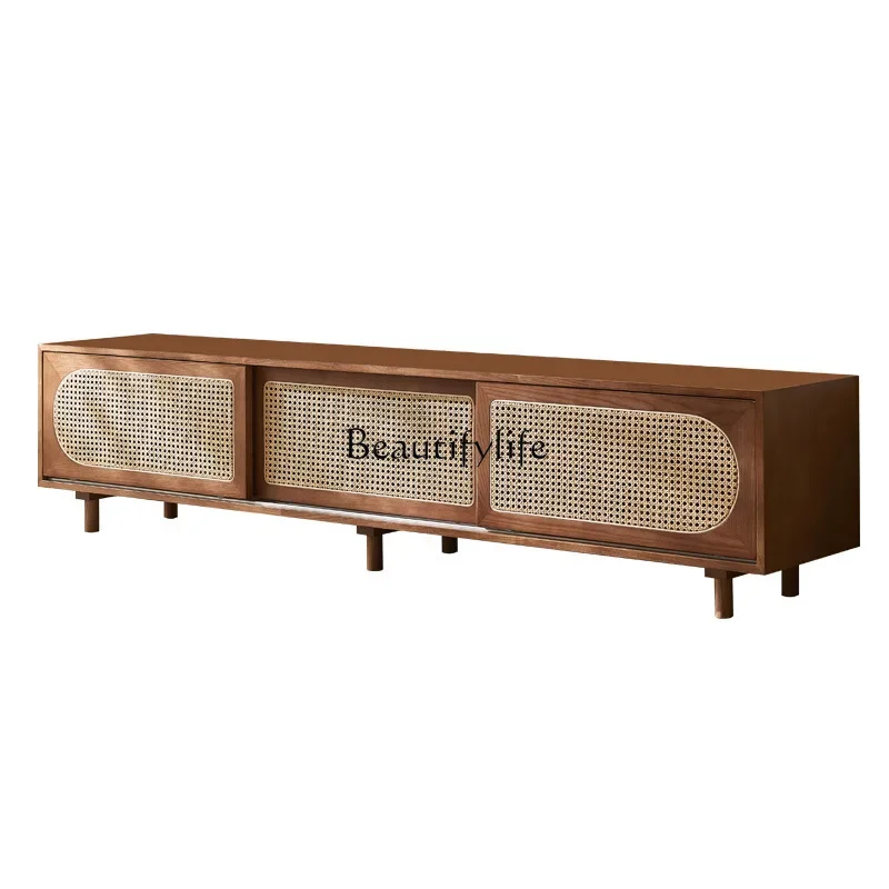 

Retro silent wind rattan solid wood TV cabinet small apartment storage locker