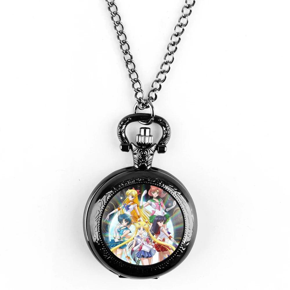 Handmade Glass Dome Black Quartz Pocket Watch With Durable Chain Arabic Numeral Dial Extraordinary Gifts for Women Kids