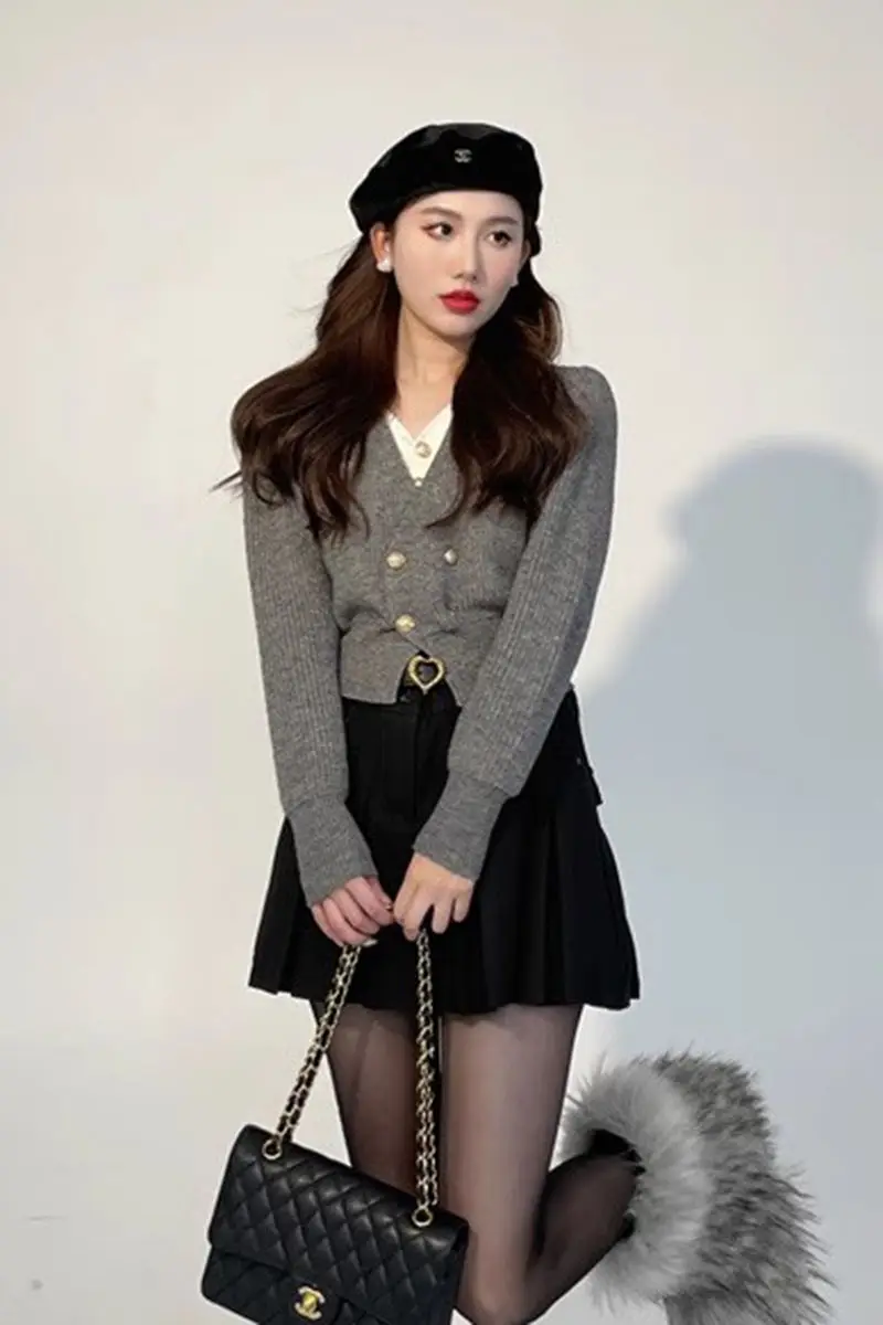 Unique Design Knit Cardigan Sweater Top for Women Coat Grey Slim Long Sleeve Crop Top Autumn Winter Patchwork Fake Two Pieces