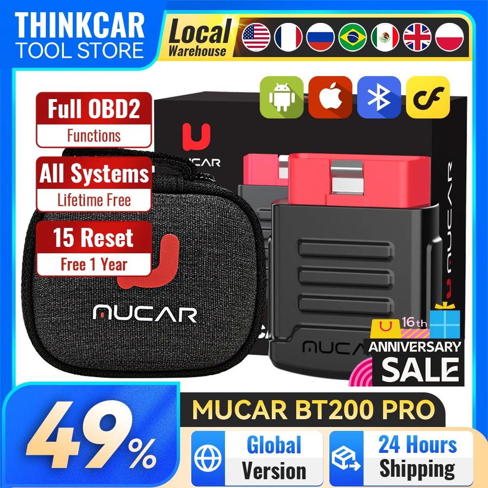 

Диагностический сканер MUCAR BT200 Pro OBD2 Bluetooth, полная диагностика системы, пожизненная бесплатная подписка, 15 функций сброса, OBD II сканер, автомобильные аксессуары