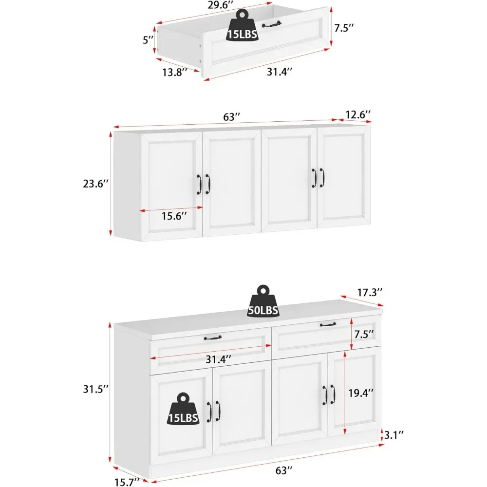 Wall-Mounted Kitchen Pantry, Modern Wooden Cupboard Storage Cabinet with 2 Drawers & Hidden Shelves with Countertop & 8 Doors