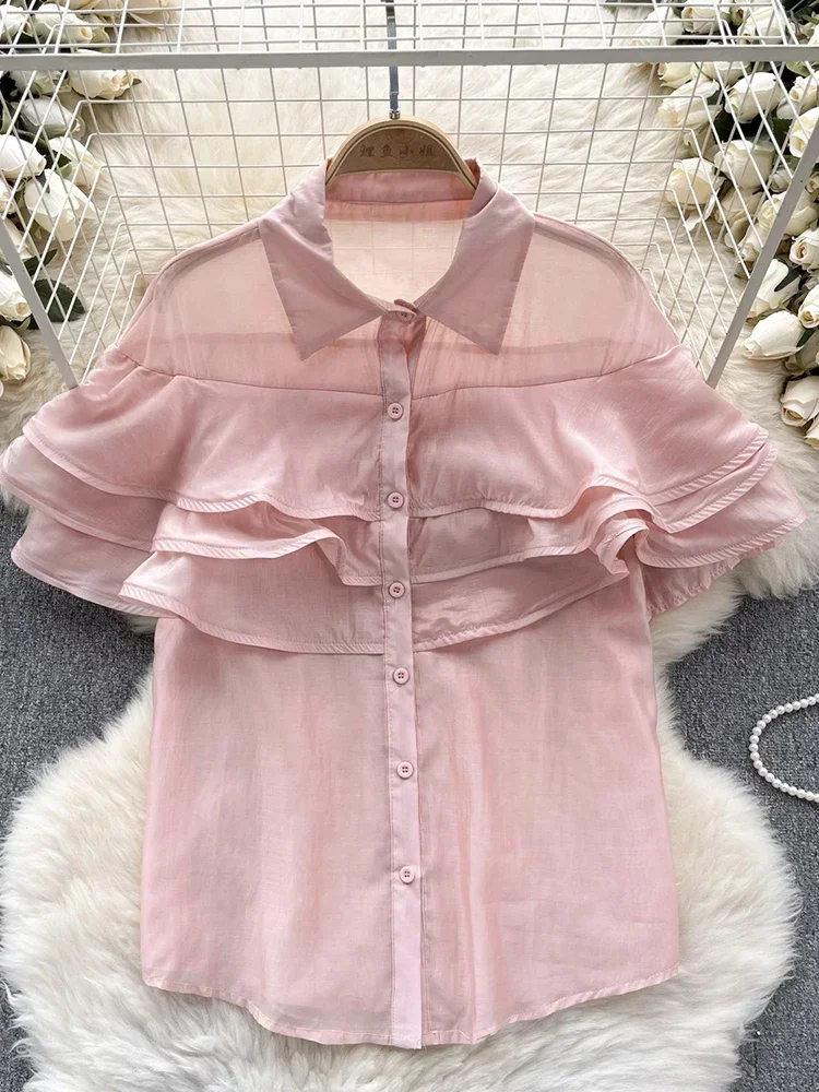 2026 Summer New Women's Fashion Ruffle Edge Short Sleeve Shirt with Versatile Texture Elegant Sweet Solid Color Top A10