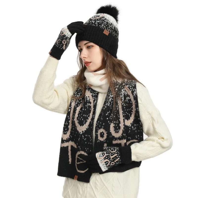 Women's Faux Mink 3-Piece Set - Winter Thick Jacquard Scarf Hat Gloves, Warm Knit Accessories for Cold Weather