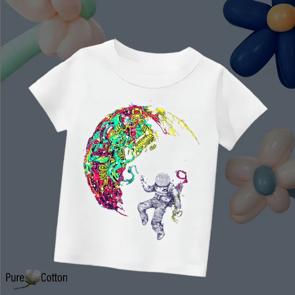 

Men's and women's fashion children's cotton short sleeve astronaut colorful printed T-shirt crew-neck breathable clothes summer