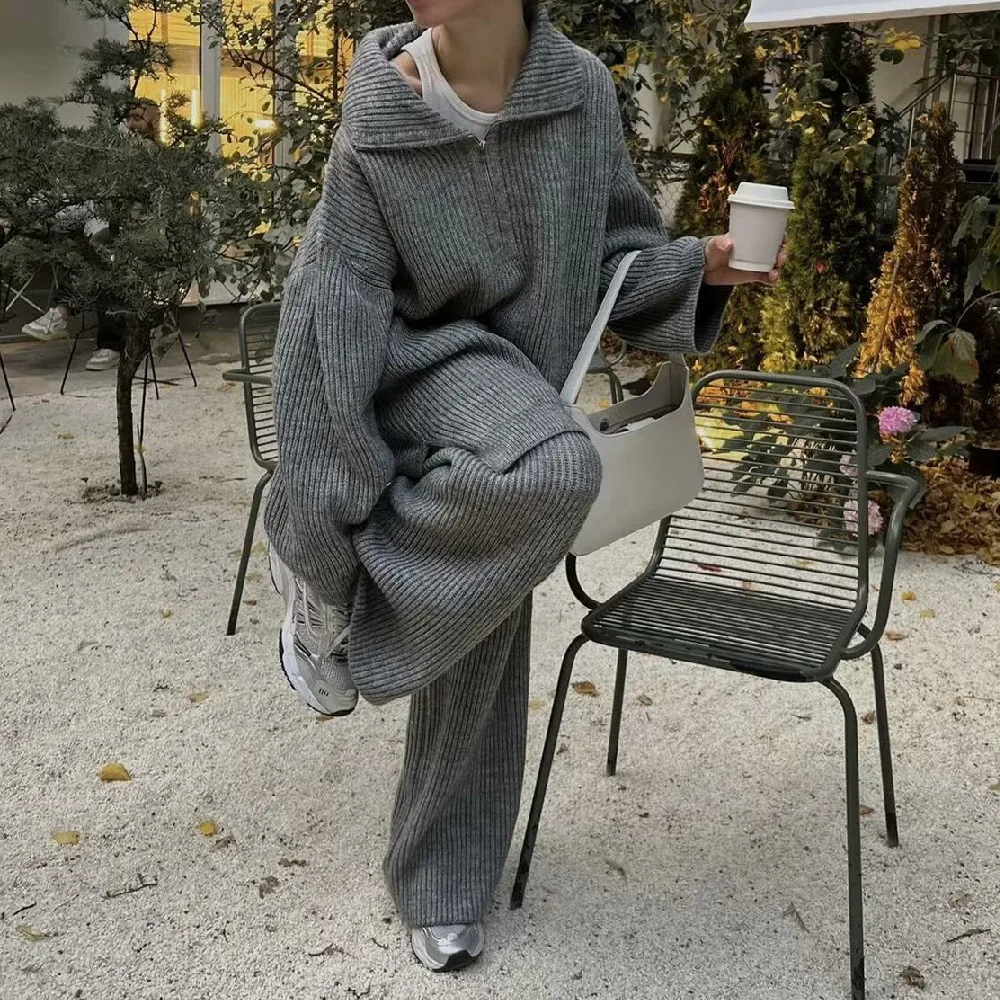 2 pieces 1 Set 2024 Retro Open Zipper Lapel Collar Hem Slit Knitted Sweater Women Elastic Waist Wide Leg Full Length Knit Pants