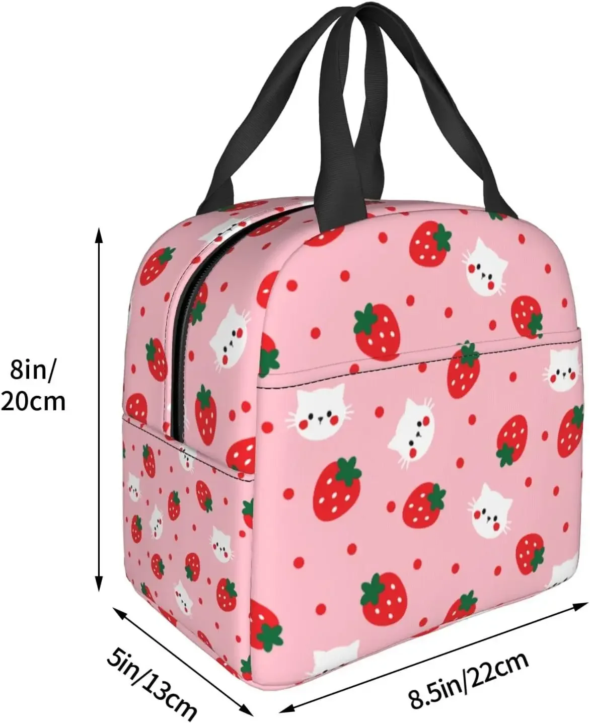 Strawberry Polka Cat Face Pattern Insulated Pink Lunch Bags with Pocket Reusable Thermal Freezable Lunch Box for School Picnic