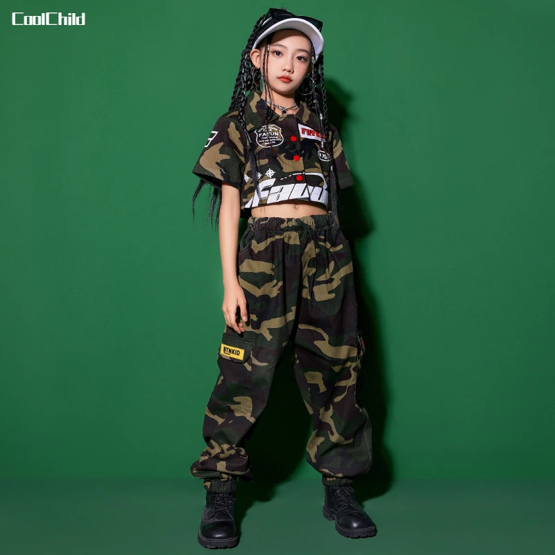 Hip Hop Girls Crop Short Sleeved Jacket Street Dance Camouflage Pants Child Military Streetwear Joggers Kids Jazz Clothes Sets