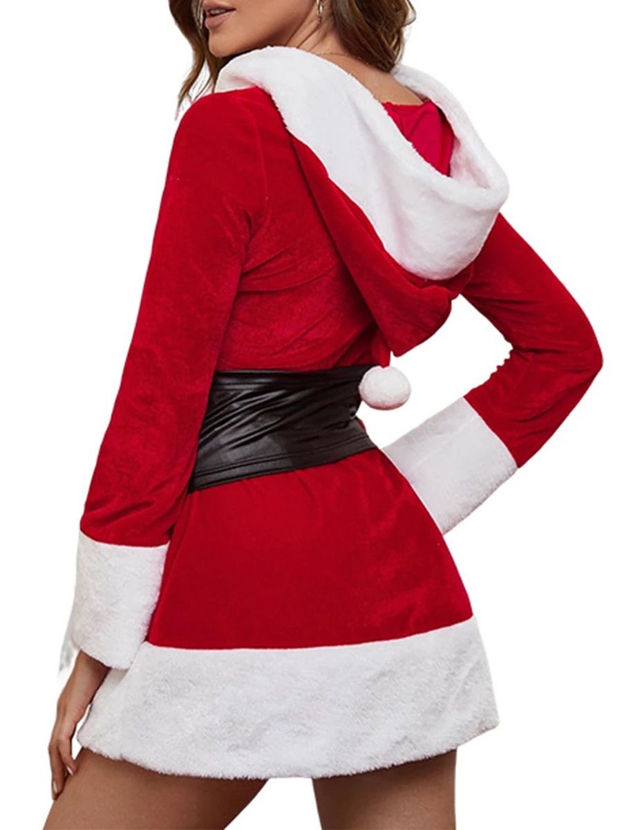 Women s Christmas Santa Dress Deluxe Mrs Claus Costume Long Sleeve Hooded Dress with Corset Belt