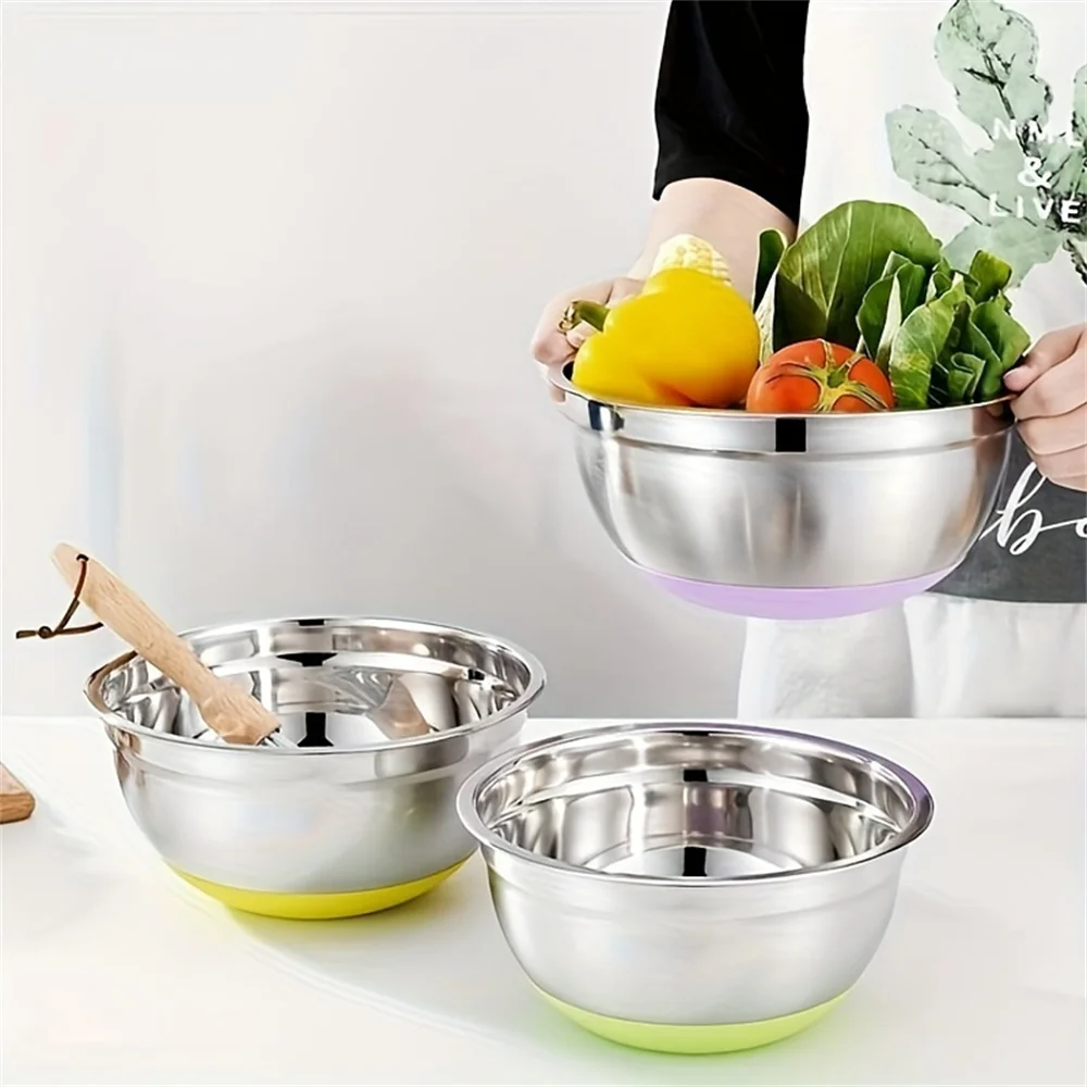 

Color covered stainless steel cooking bowl set with multifunctional lid for freshness preservation