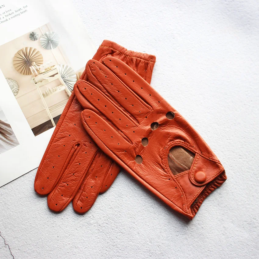 Women's Summer Full Finger Leather Gloves Breathable Single-Layer Sheepskin Fashionable Short Motorcycle Riding Gloves