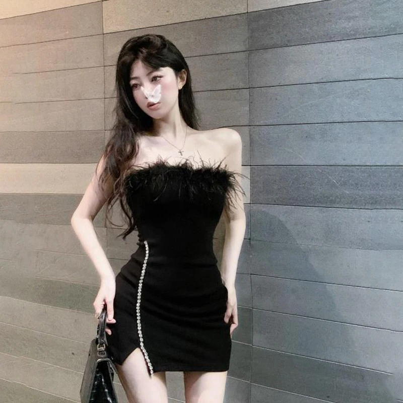 

Strapless Dress Women Feather Collar Beaded Slit Birthday Party Wrapped Dresses