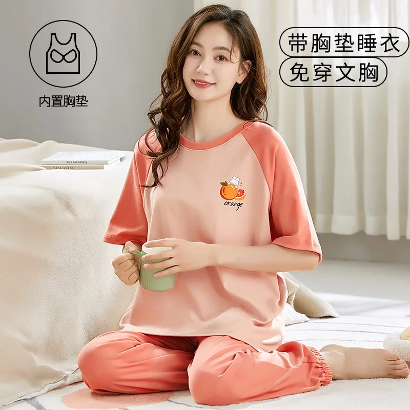 Women\'s Pajamas Set with Bra Pad For Summer Short Sleeve Long Pant Pyjama Loungewear Set Sleepwear Pijama Home Clothing 2024 New