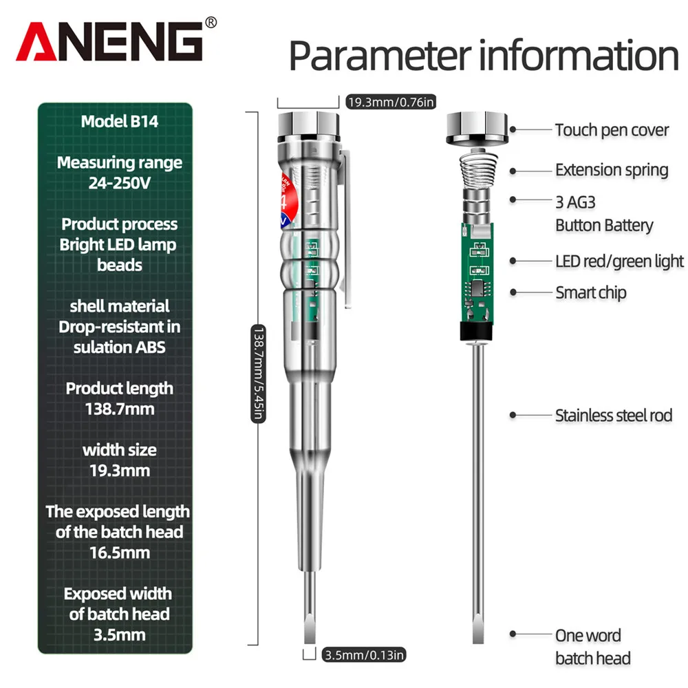 ANENG B14 24-250V Tester elektryczny śrubokręt sonda z sygnalizator dźwięk i światło długopis testowy alarmowego