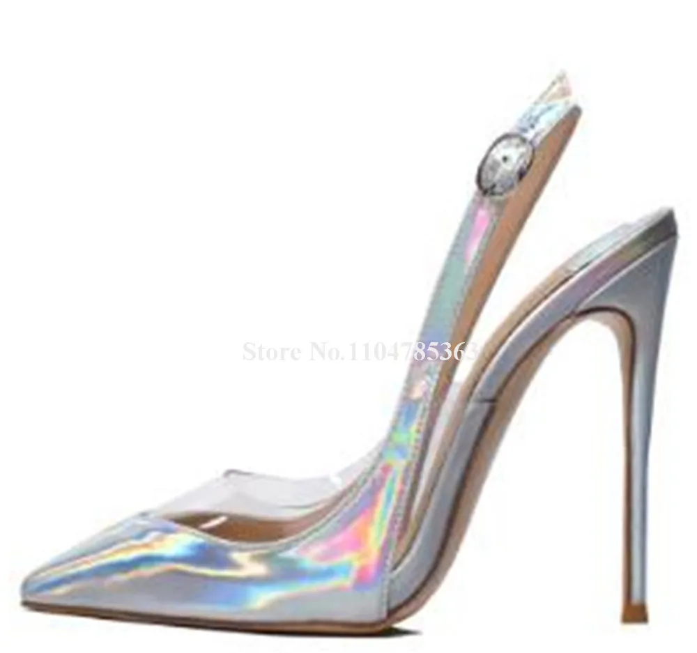 Shining Bling Bling Silver Patchwork Clear PVC Stiletto Heel Pumps Pointed Toe Transparent Thin Heel Wedding Heels Big Size