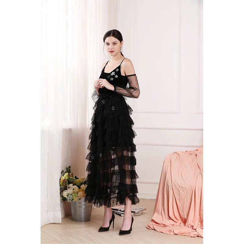 V-neck Transparent Layered Sexy Elegant Black Mesh Prom Dresses Exquisite High Quality Prom Party Gowns for Women Customized