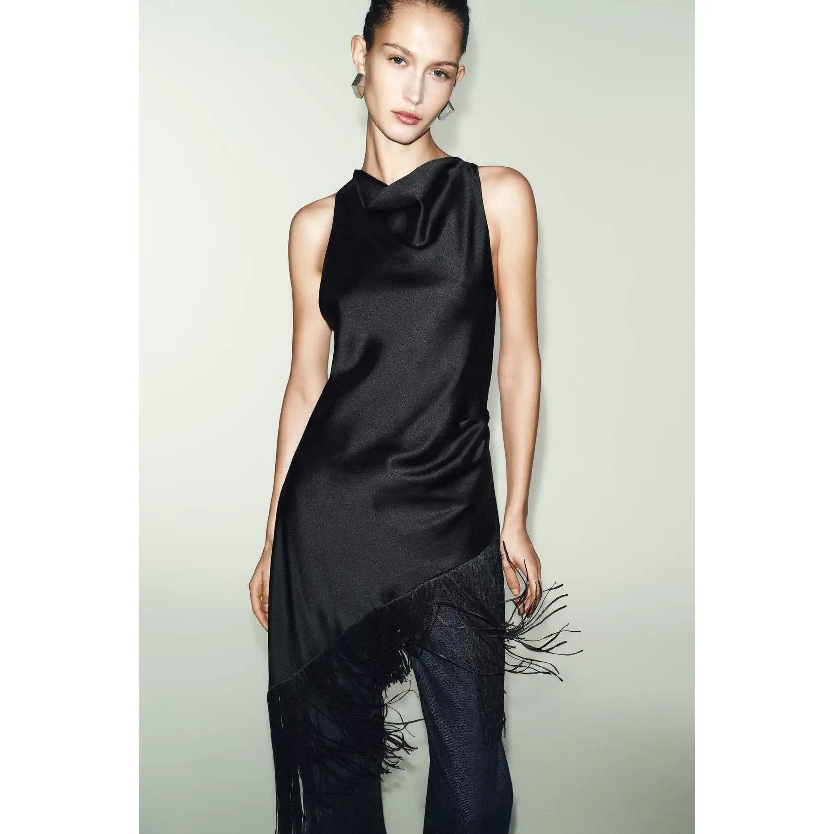 Top lungo da donna in raso di seta drappeggiato con nappa ZR Sle Nuovo autunno inverno Faion traspirante vestibilità ampia rotonda Ne Pullover T-shirt