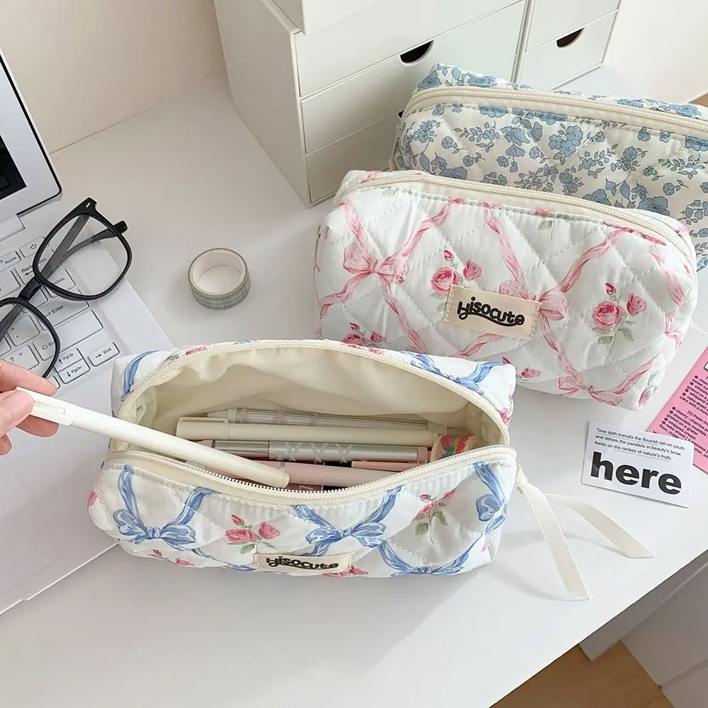 INS Bow Large Capacity Pen Case Flower Rhombus Stationery Storage Bag Cartoon Detachable Makeup Lipstick Bag Kid