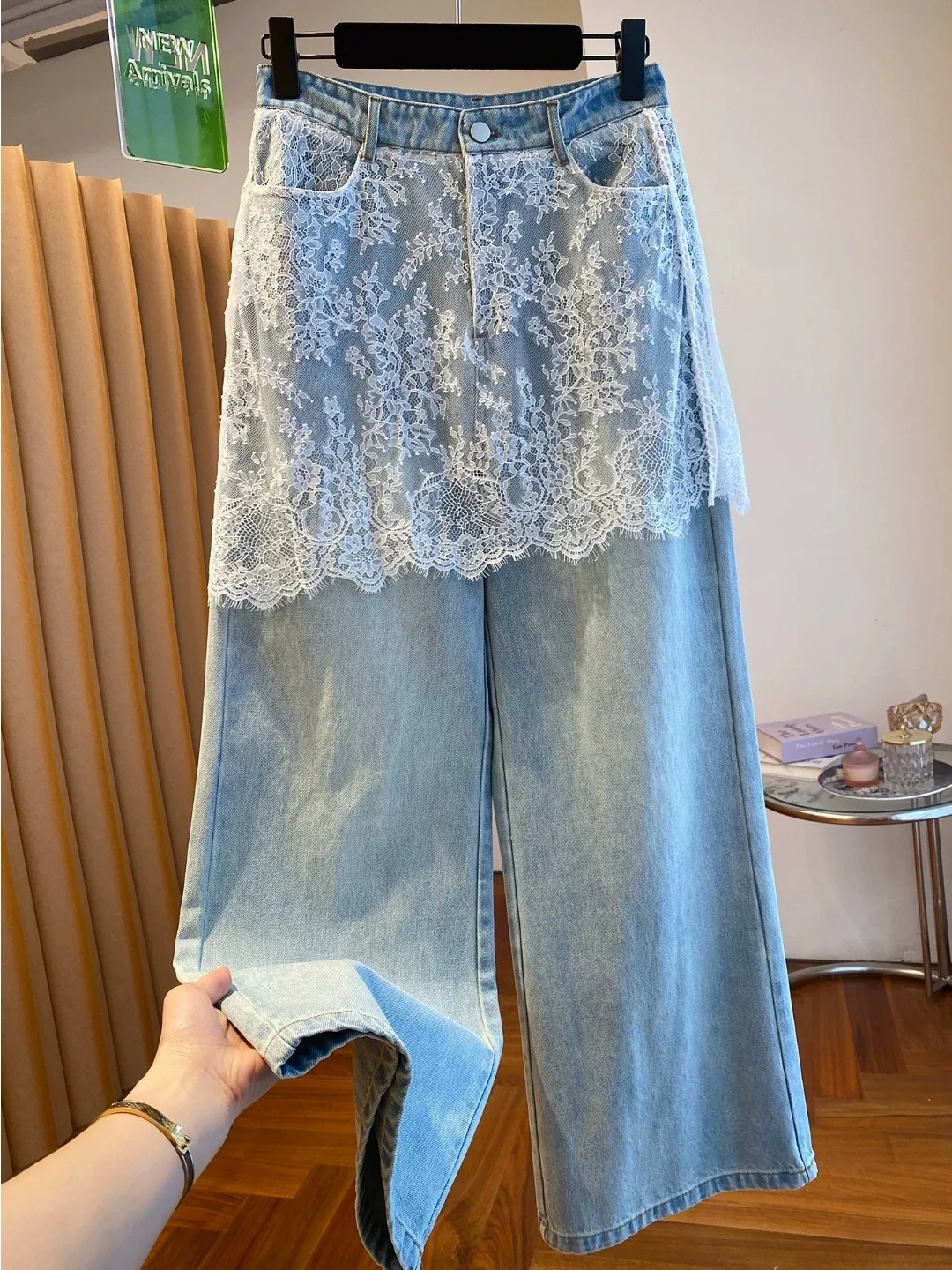 

plus Size Summer Denim Pants Women Loose Straight Leggings Slimming Wide Leg Long Trousers High Waist Lace Detailed Jeans
