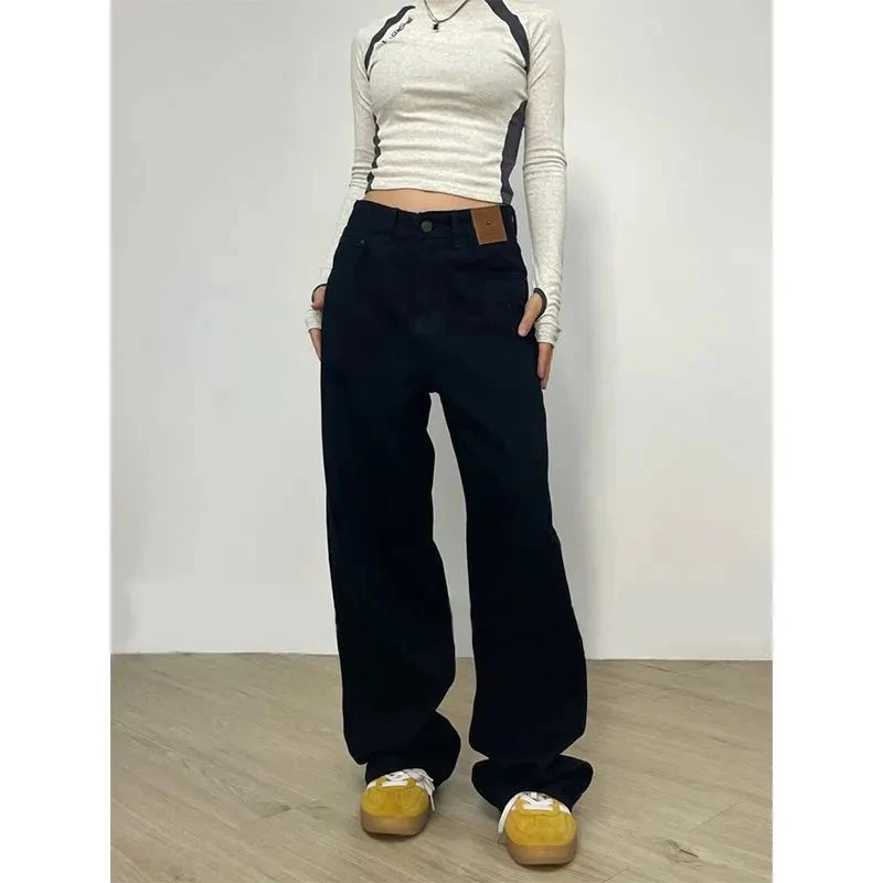 Streetwear Lady High Waist Jeans Girls Solid Color Wide Leg Trousers Women Korean Retro Fashion Baggy Denim Pants