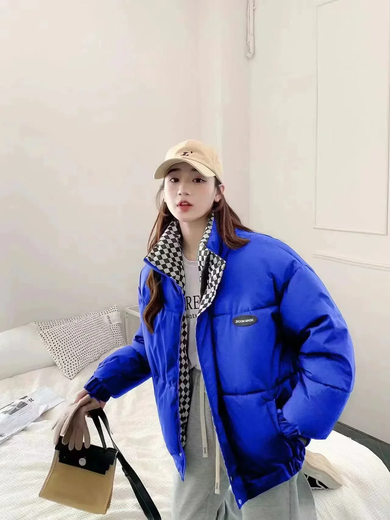 Vintage Argyle Thick Woman Parka Short Top Winter Warm Long Sleeve Turn-down Collar Jack Zipper Casual Hipster Lady Padded Coat