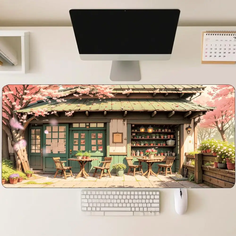 Cozy Bookstore Front Cherry Blossoms Awning Flowers Large Gaming Desk Mat Non Slip Rubber Base XXL Mouse Pad for Cozy Style