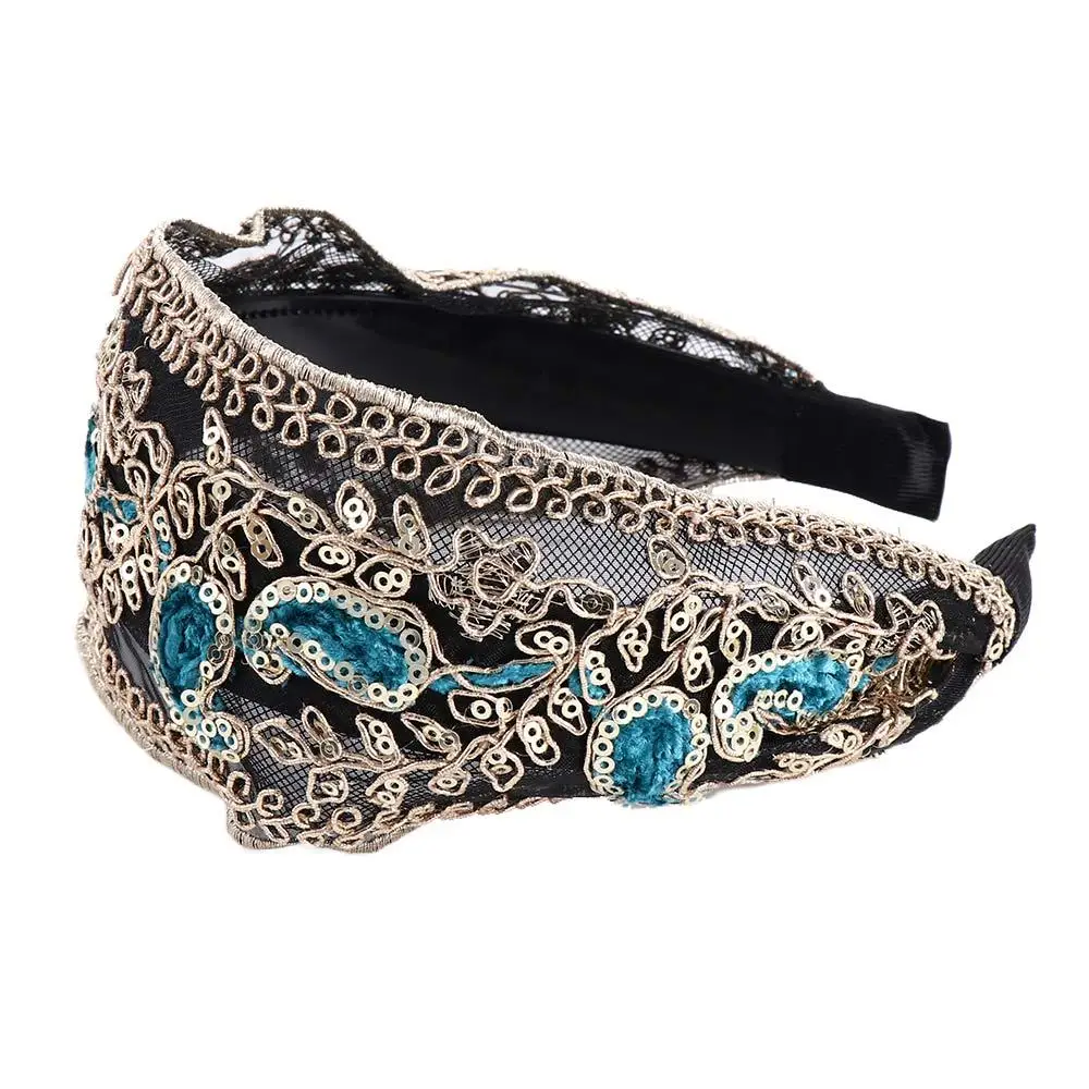 Gift Vintage Sequins Temperament Wide Edge Sweet Headdress Korean Style Headband Lace Embroidered Headband Female Hair Hoop