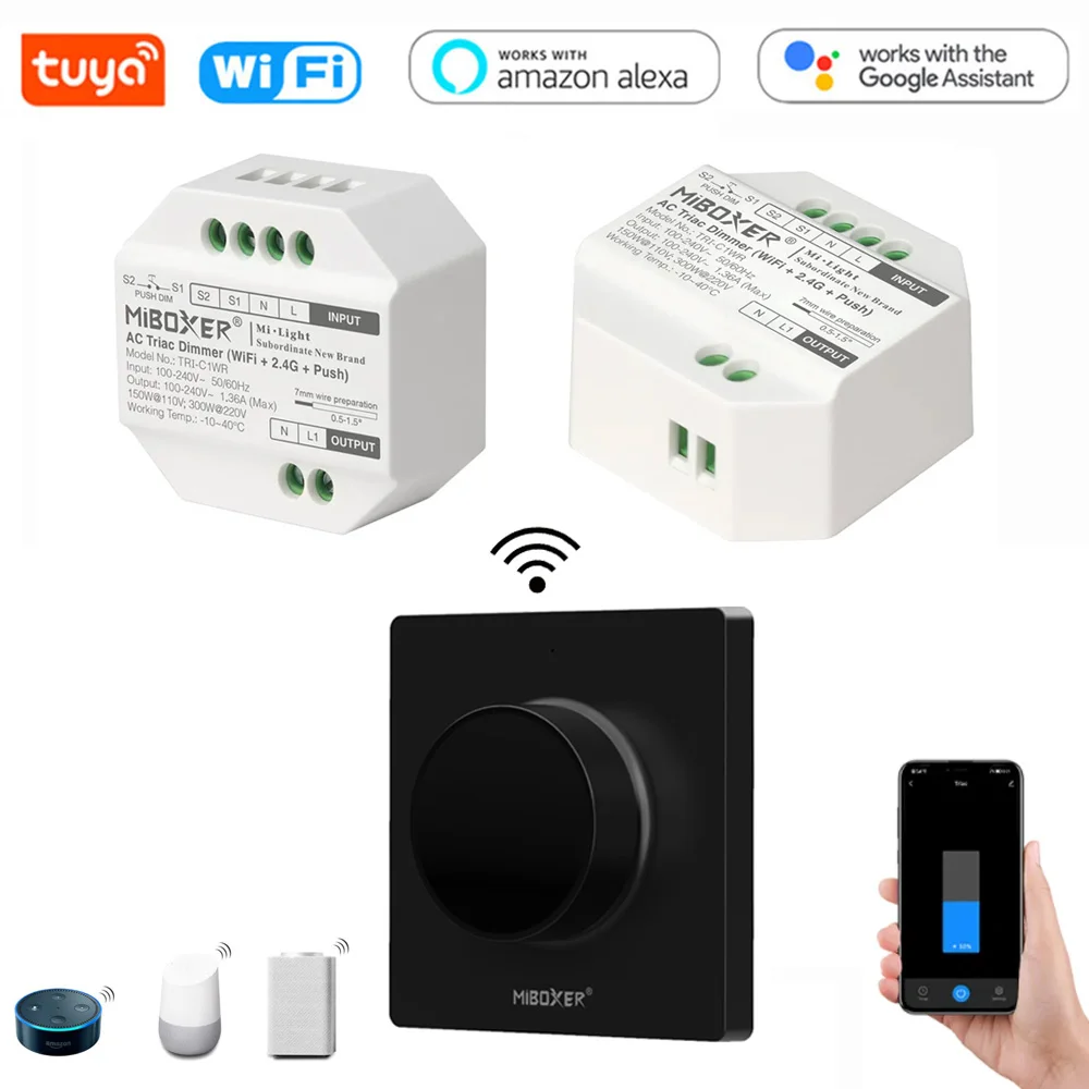 Tuya WiFi+2.4G+Push 110V-220V AC Triac LED Dimmer Wireless Rotating Switch Panel Remote Control Tuya App For Alexa Google Home