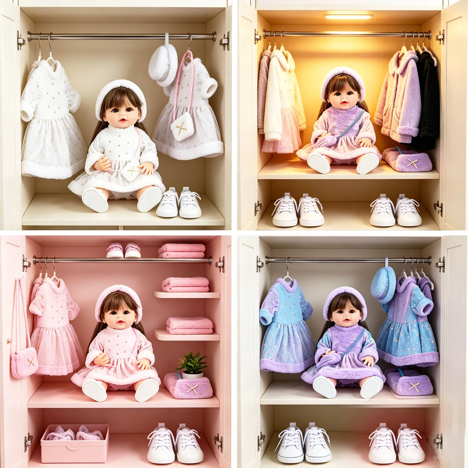 

Plush 55cm Reborn Girl Doll Clothes Bundle - White/Pink/Lavender/Blue Dresses with Accessories & Sneakers for 22" Baby Girl Doll