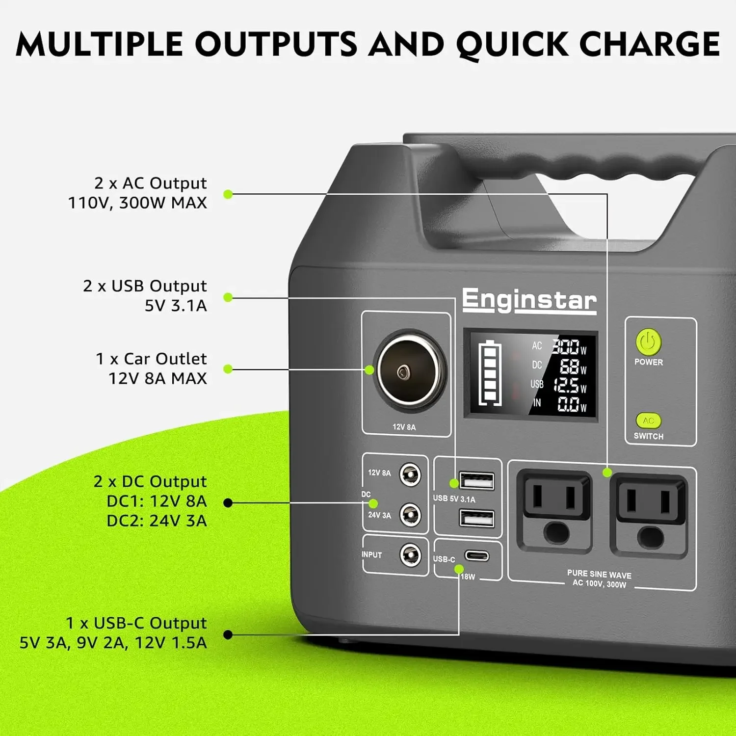 Gerador solar EnginStar Estação de energia portátil 300W Bateria de lítio 296Wh Dois 110V Pure Senoidal AC Outlet