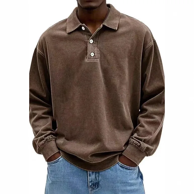 Polo oversize vintage primaverili da uomo T-shirt casual da lavoro a maniche lunghe tinta unita Top eleganti con risvolto tinta unita
