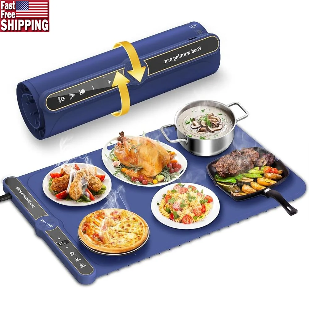 

Electric Food Warming Mat Foldable Warming Tray with 9 Temperature Settings 6 Timer Options Child Lock Countertop Cooking Tool