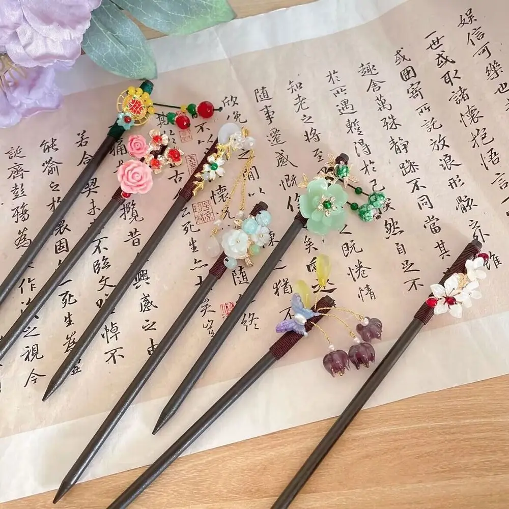 1Pc Exquisite Antique Hanfu Headwear Imitation Jade Flower Wooden Hair Stick Women Chinese Style Tassel Hairpin Hair Accessories