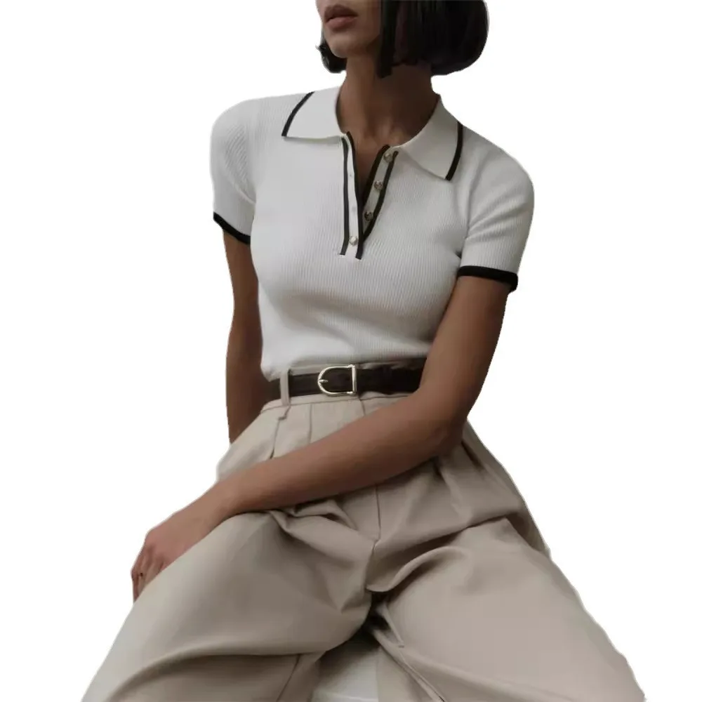 Skinny Ribbed Tight Fitting Knit Sweater Pullover Women Short Sleeve Patchwork Slim Lapel Elegant Contrast Knitwear Top Female