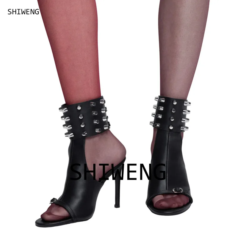 Women Black Leather Spiked Studded Ankle Cuff Mule Sandals, Open Peep Toe Single Strap Backless Slip On Thin Stiletto High Heels