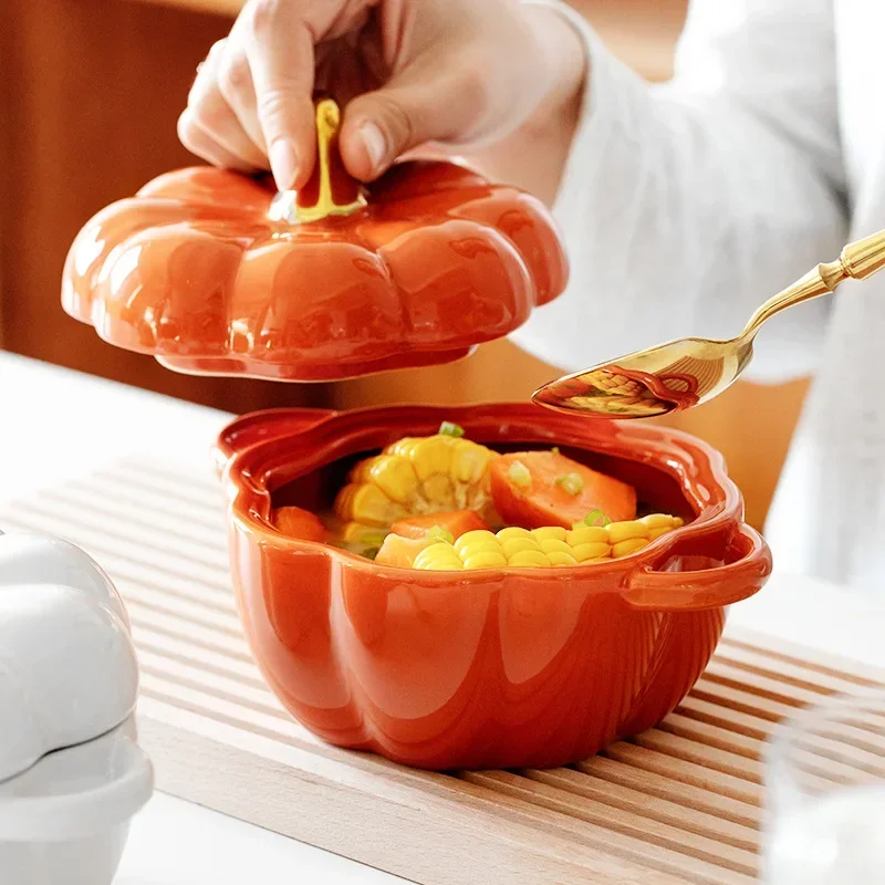 Pumpkin Stew Pot Ceramic Bowl with Cover Soup Steamed Egg Salad Baking Kitchen Children Tableware 450ml