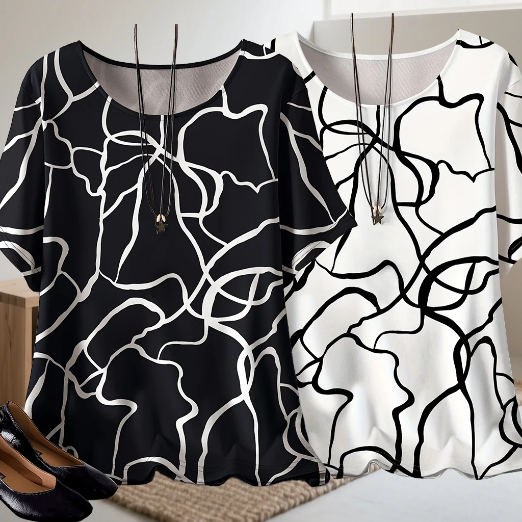 

New Women Retro Plus Size Elegant Casual Short Sleeved T-shirt Black Women's Sports Leisure Vacation Quick Drying Breathable Top